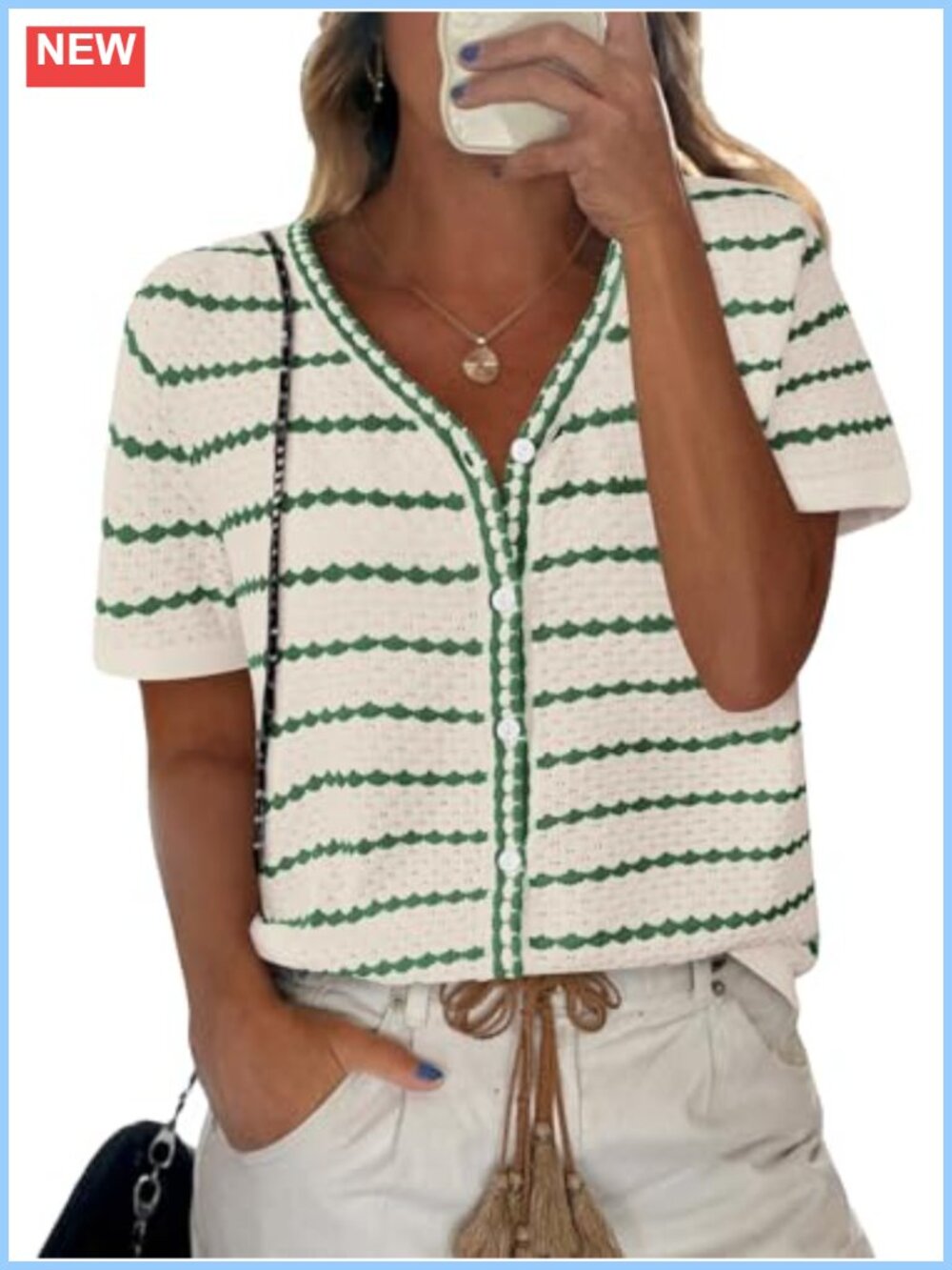 NALANISA Women's Short Sleeve Crochet Knit Sweater Button Down V-Neck Top